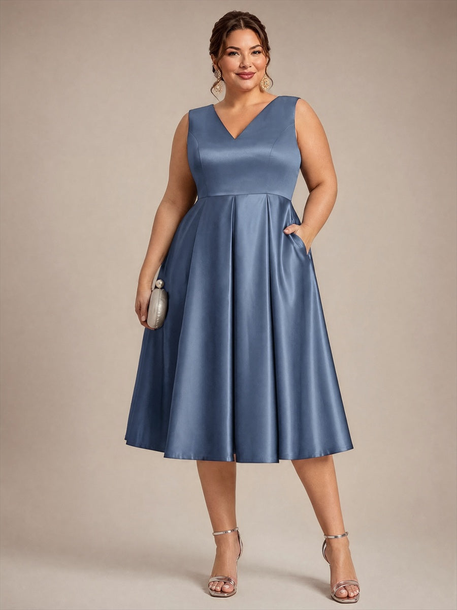 Pleated Satin Sleeveless Wedding Guest Dress #color_Dusty Blue