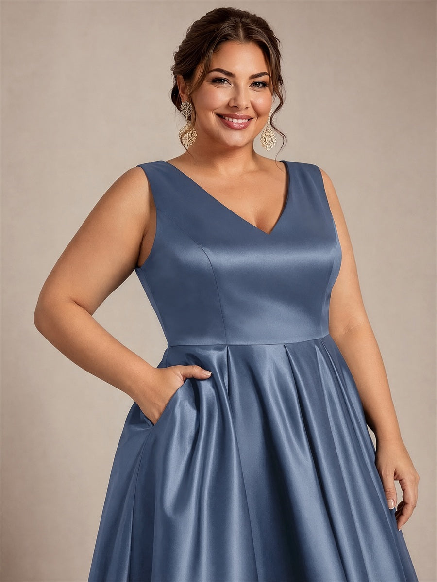 Pleated Satin Sleeveless Wedding Guest Dress #color_Dusty Blue