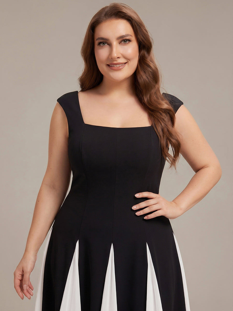 A-Line Midi Cap Sleeve Wedding Guest Dress #color_Ivory-Black