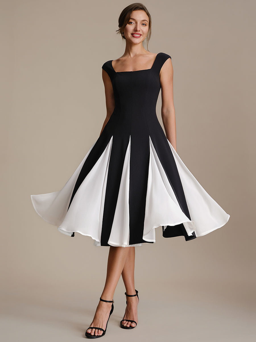 A-Line Midi Cap Sleeve Wedding Guest Dress #color_Ivory-Black