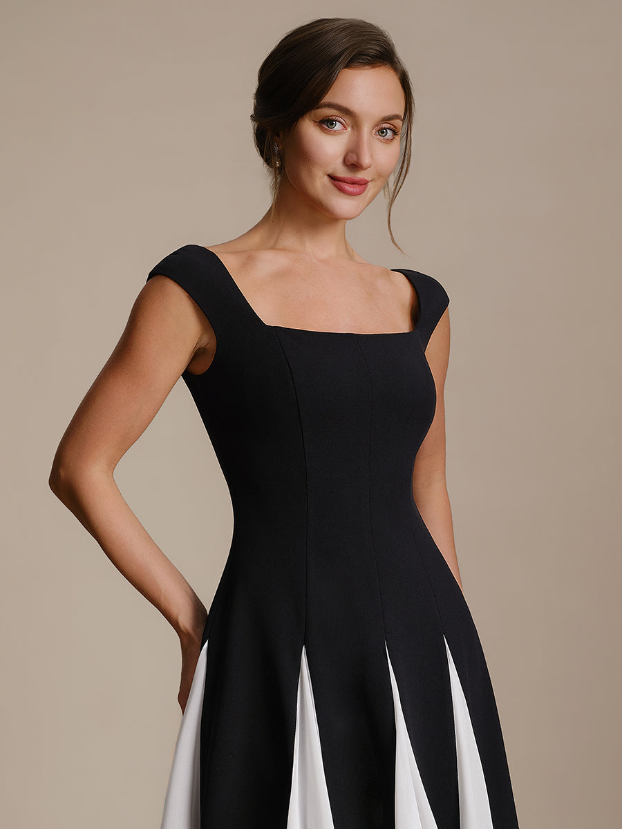 A-Line Midi Cap Sleeve Wedding Guest Dress #color_Ivory-Black