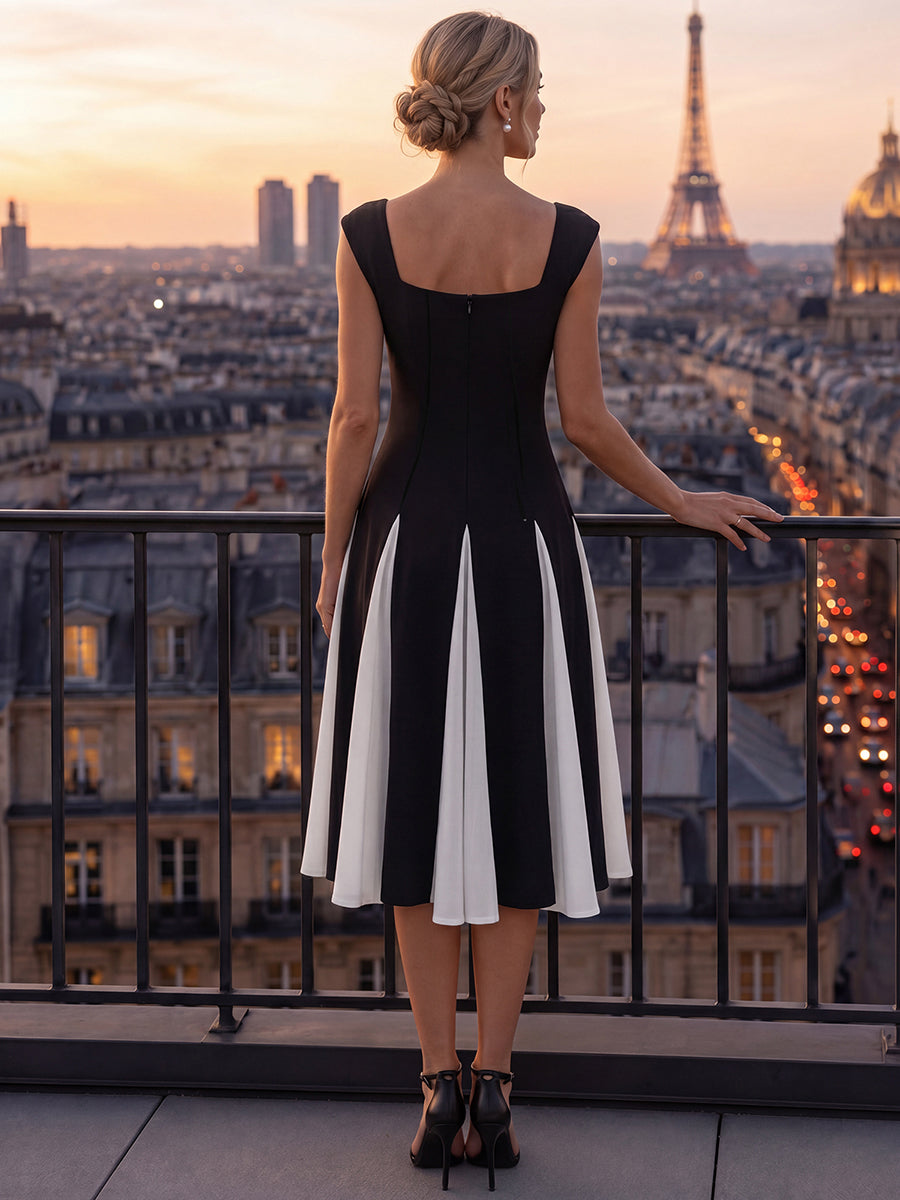 A-Line Midi Cap Sleeve Wedding Guest Dress #color_Ivory-Black