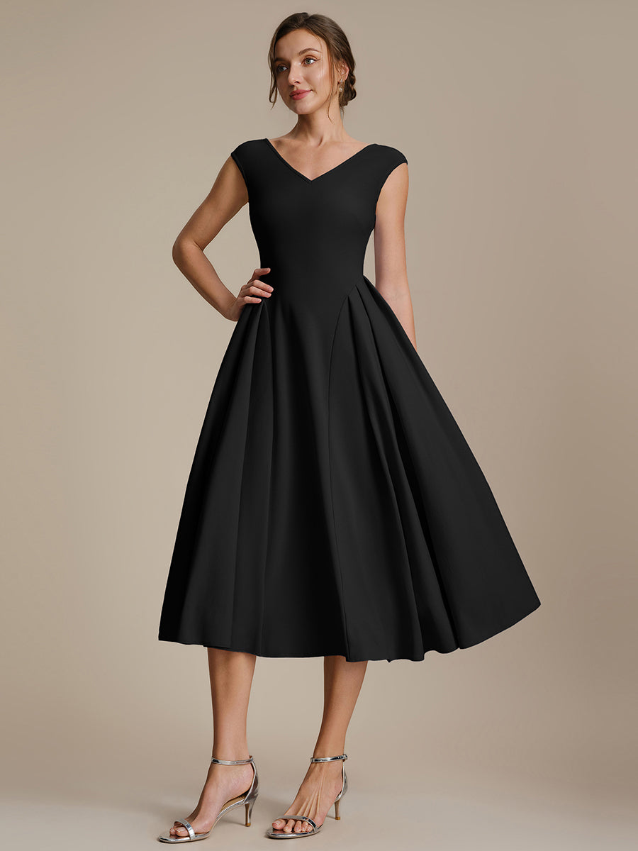 Pleating Crepe Cap Sleeve Wedding Guest Dress #color_Black