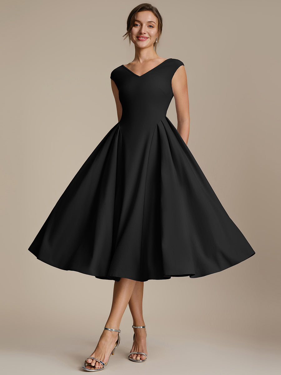 Pleating Crepe Cap Sleeve Wedding Guest Dress #color_Black