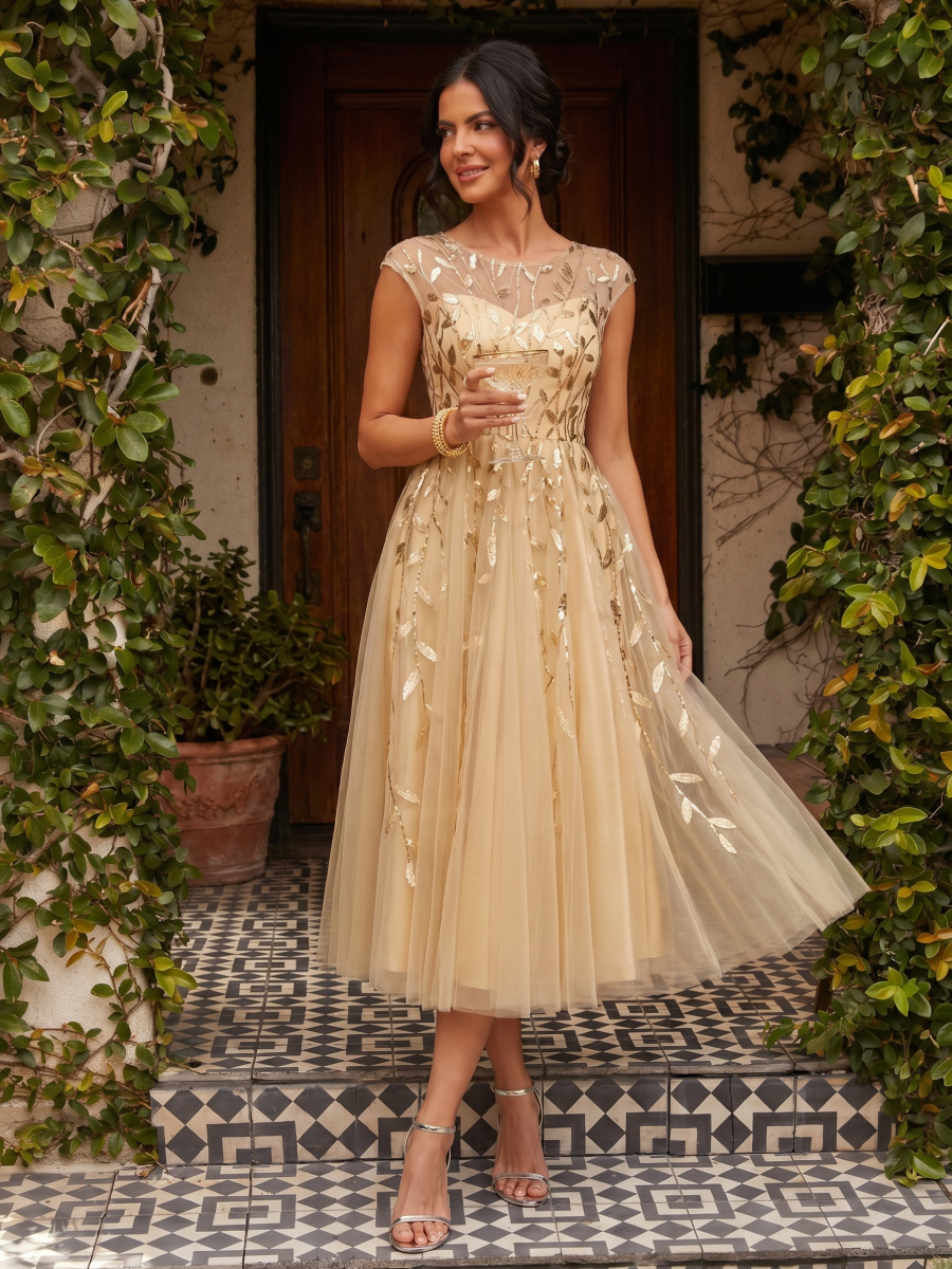 See-through Sequin Cap Sleeve Wedding Guest Dress #color_Gold