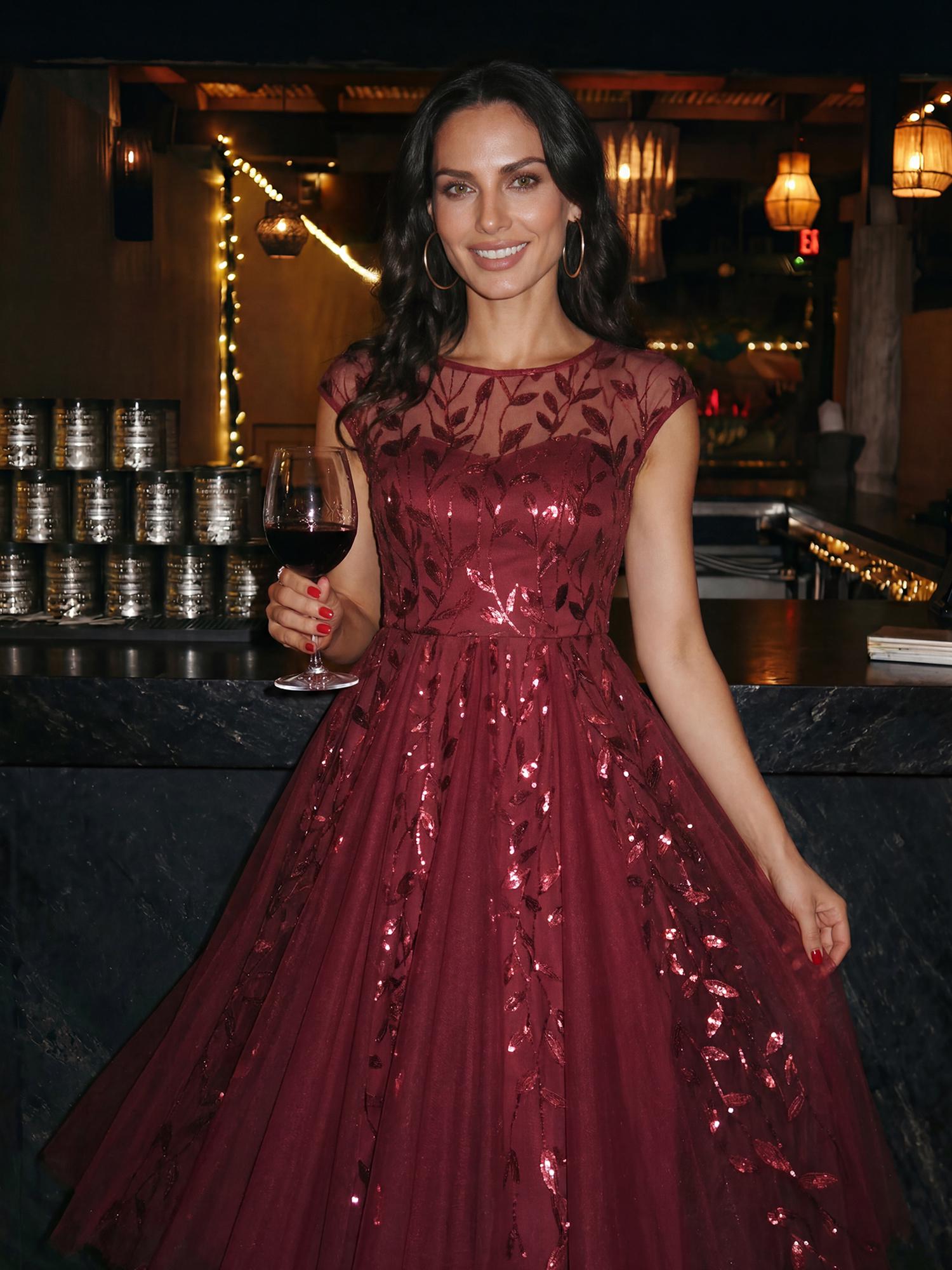 See-through Sequin Cap Sleeve Wedding Guest Dress #color_Burgundy