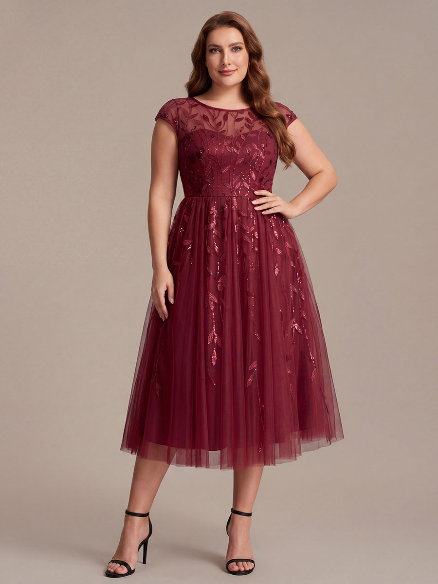 Plus Size See-through Sequin Wedding Guest Dress #color_Burgundy