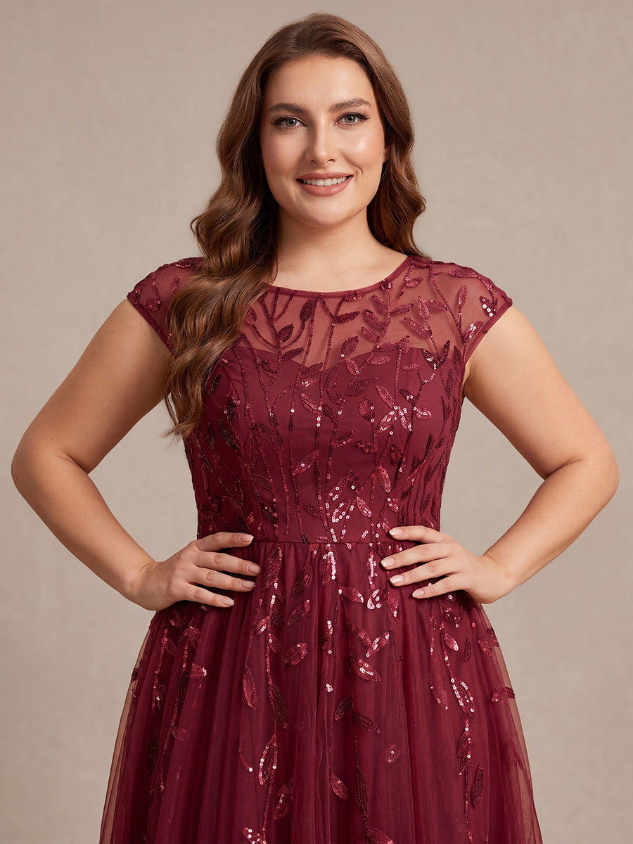 Plus Size See-through Sequin Wedding Guest Dress #color_Burgundy