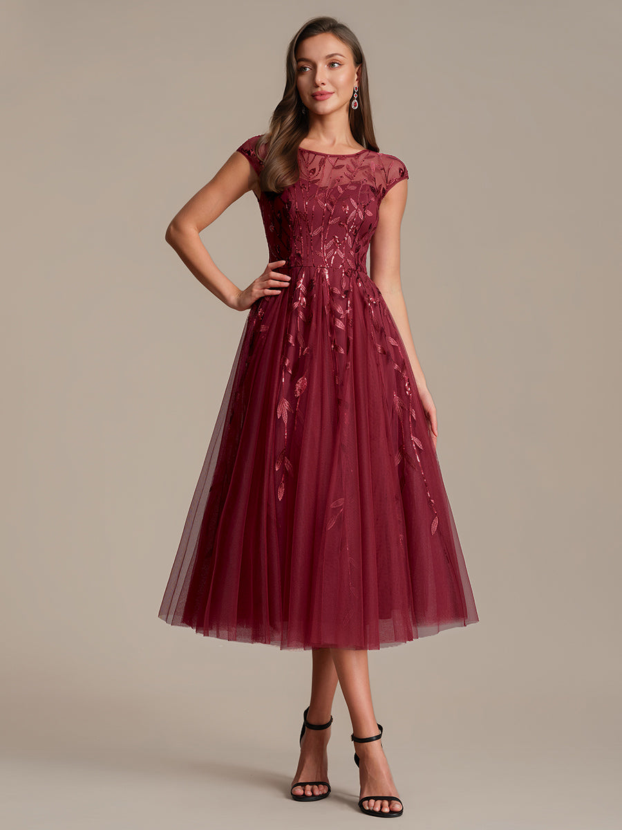 See-through Sequin Cap Sleeve Wedding Guest Dress #color_Burgundy