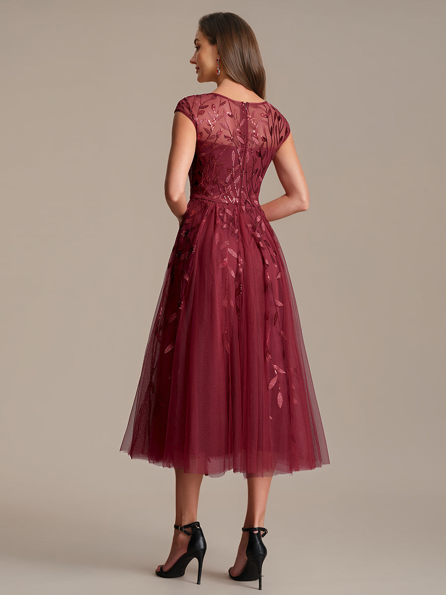 See-through Sequin Cap Sleeve Wedding Guest Dress #color_Burgundy