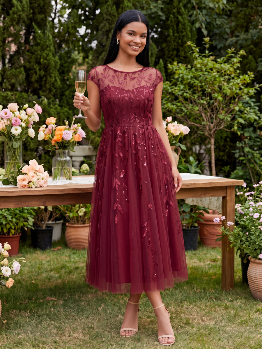 See-through Sequin Cap Sleeve Wedding Guest Dress #color_Burgundy