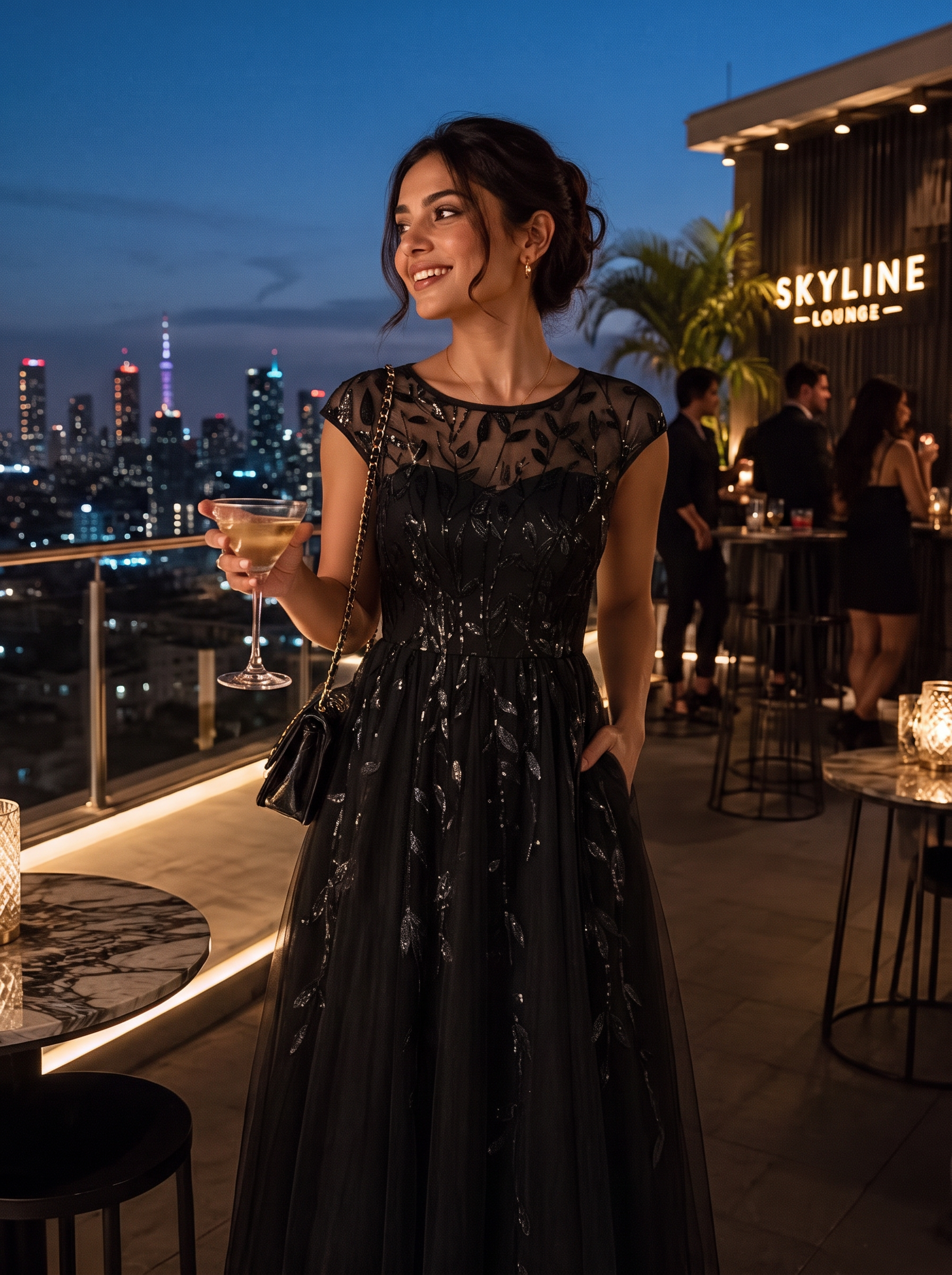 See-through Sequin Cap Sleeve Wedding Guest Dress #color_Black