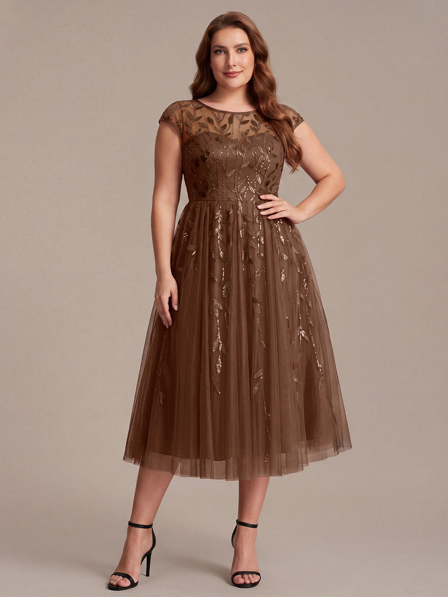 Plus Size See-through Sequin Wedding Guest Dress #color_Brown