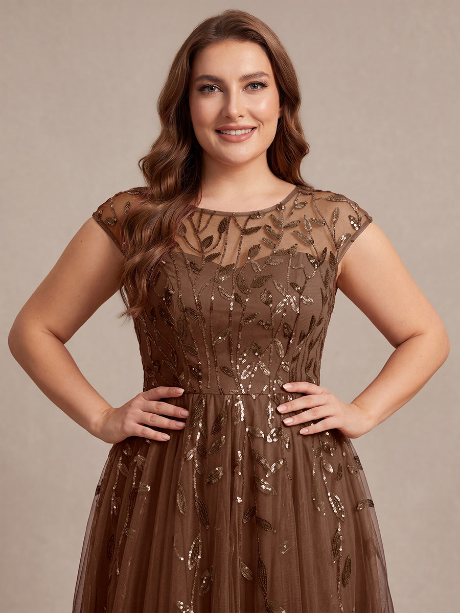 Plus Size See-through Sequin Wedding Guest Dress #color_Brown
