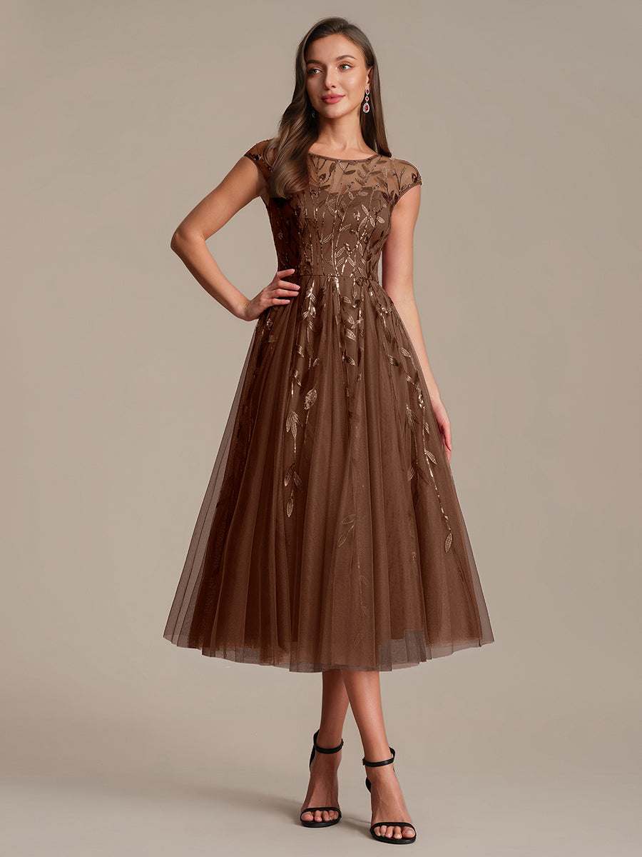 See-through Sequin Cap Sleeve Wedding Guest Dress #color_Brown