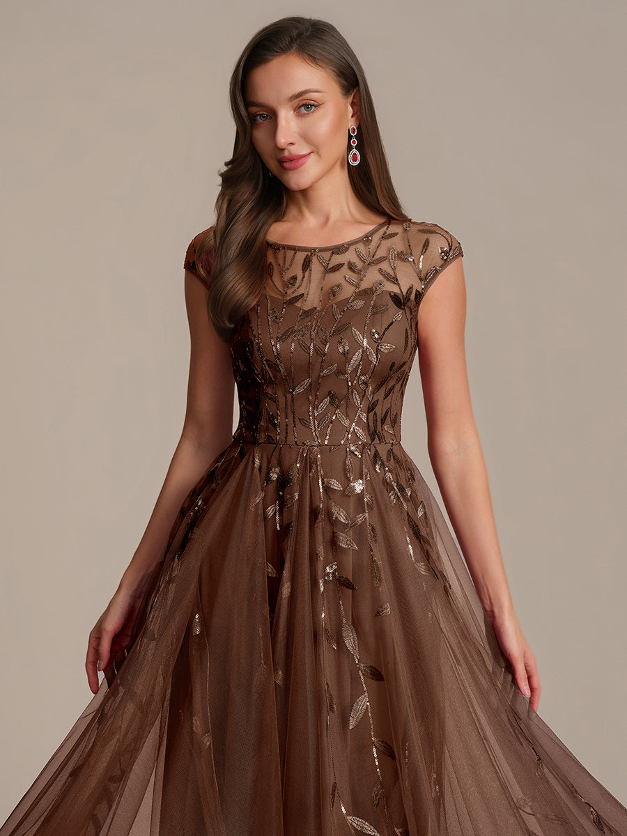 See-through Sequin Cap Sleeve Wedding Guest Dress #color_Brown