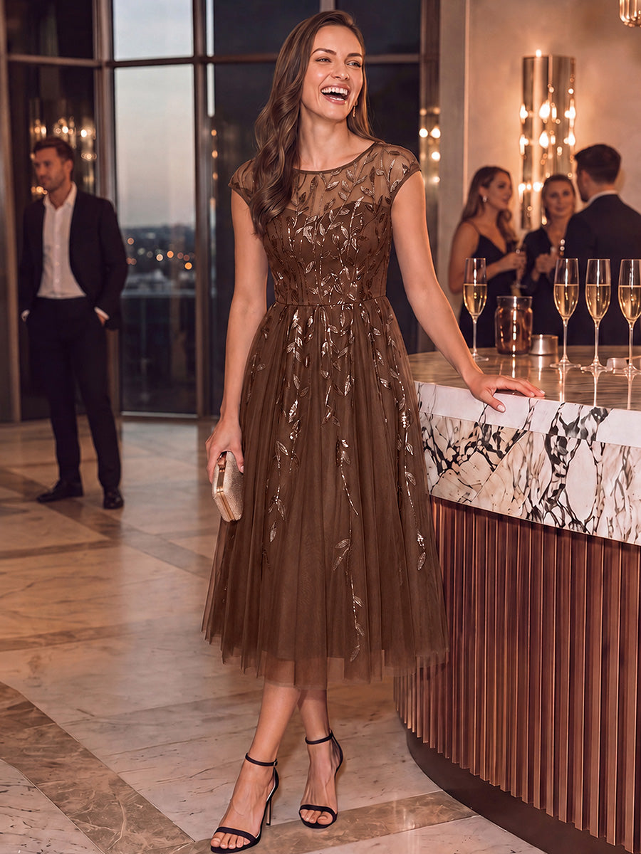 See-through Sequin Cap Sleeve Wedding Guest Dress #color_Brown