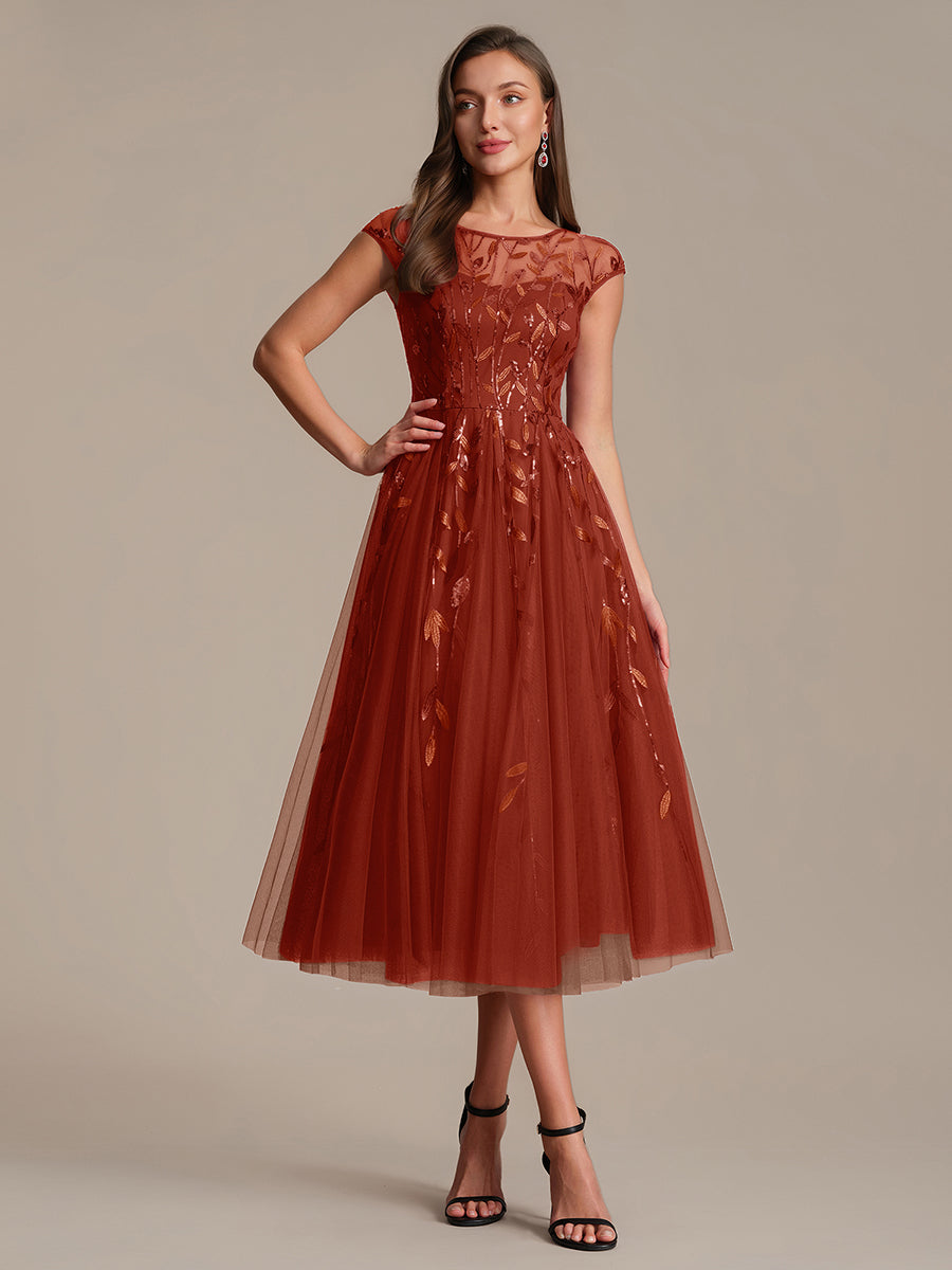 See-through Sequin Cap Sleeve Wedding Guest Dress #color_Burnt Orange