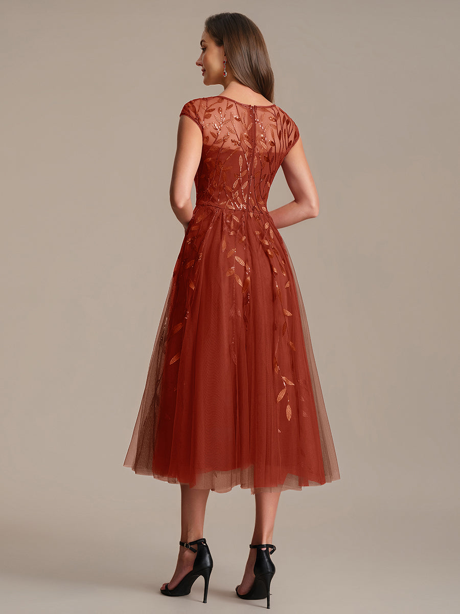 See-through Sequin Cap Sleeve Wedding Guest Dress #color_Burnt Orange