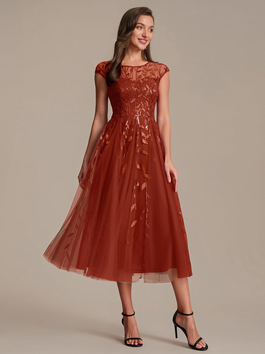 See-through Sequin Cap Sleeve Wedding Guest Dress #color_Burnt Orange
