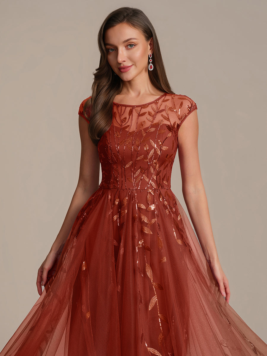 See-through Sequin Cap Sleeve Wedding Guest Dress #color_Burnt Orange