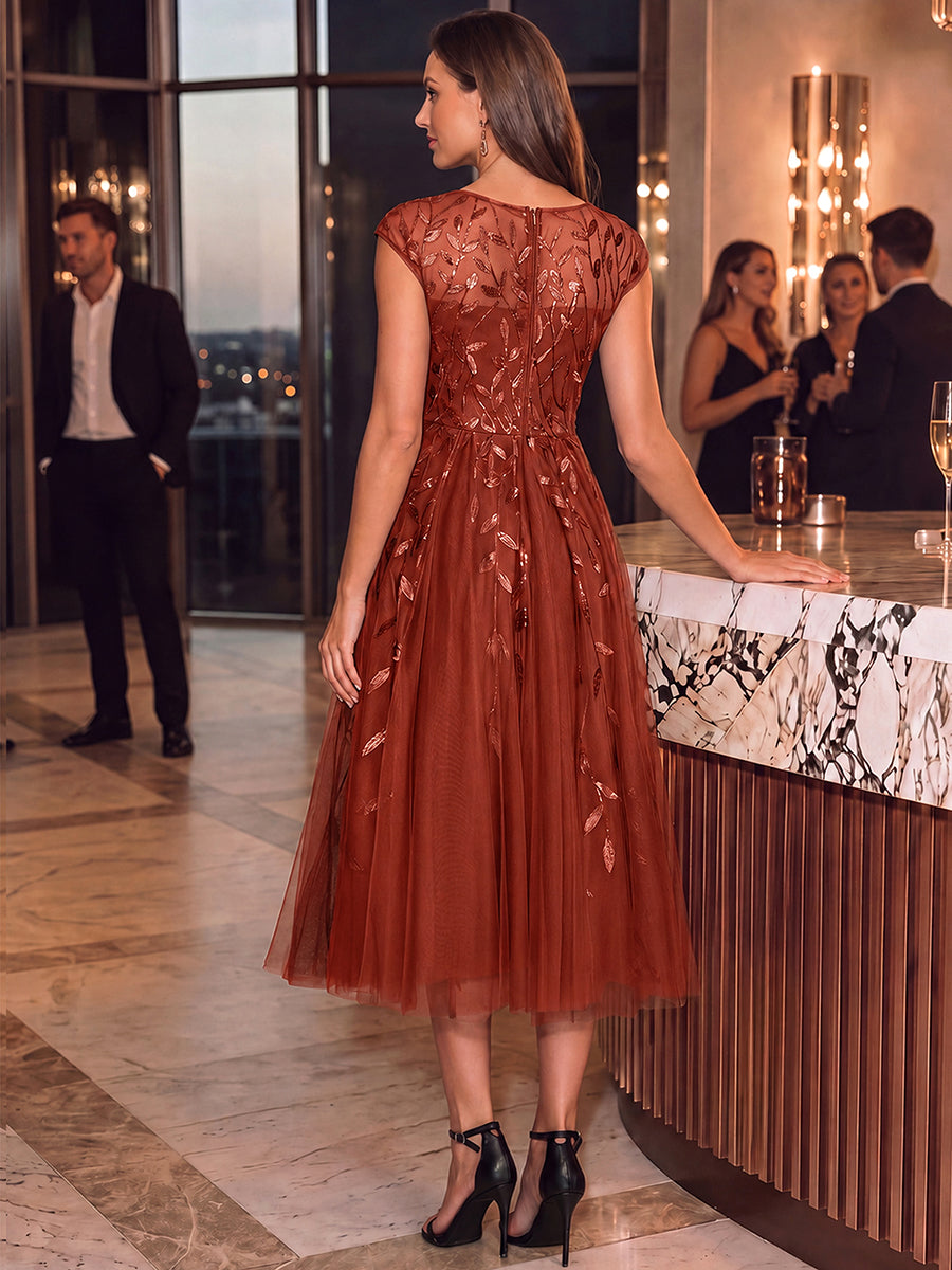 See-through Sequin Cap Sleeve Wedding Guest Dress #color_Burnt Orange