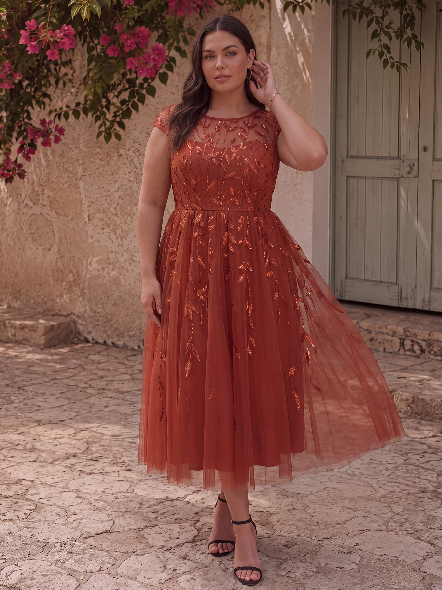 Plus Size See-through Sequin Wedding Guest Dress #color_Burnt Orange