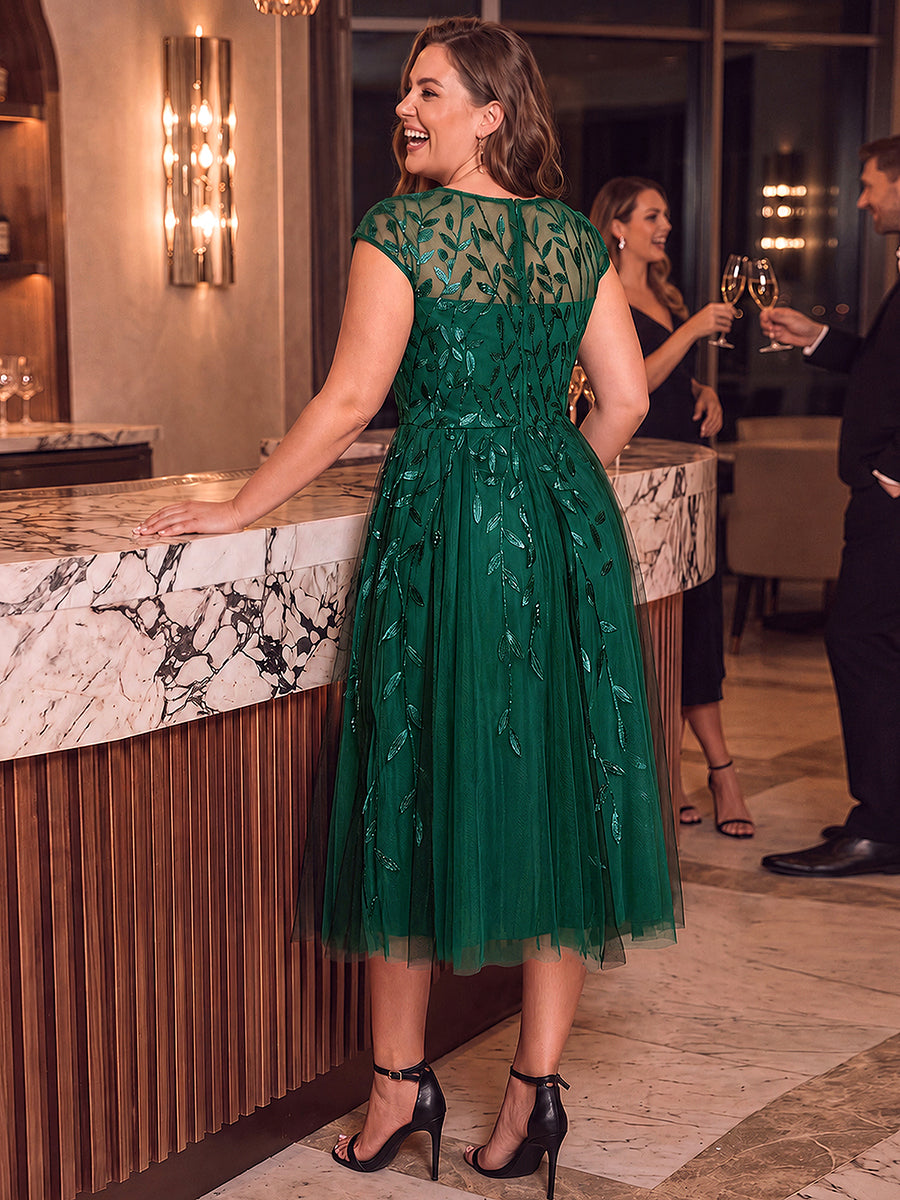 Plus Size See-through Sequin Wedding Guest Dress #color_Dark Green