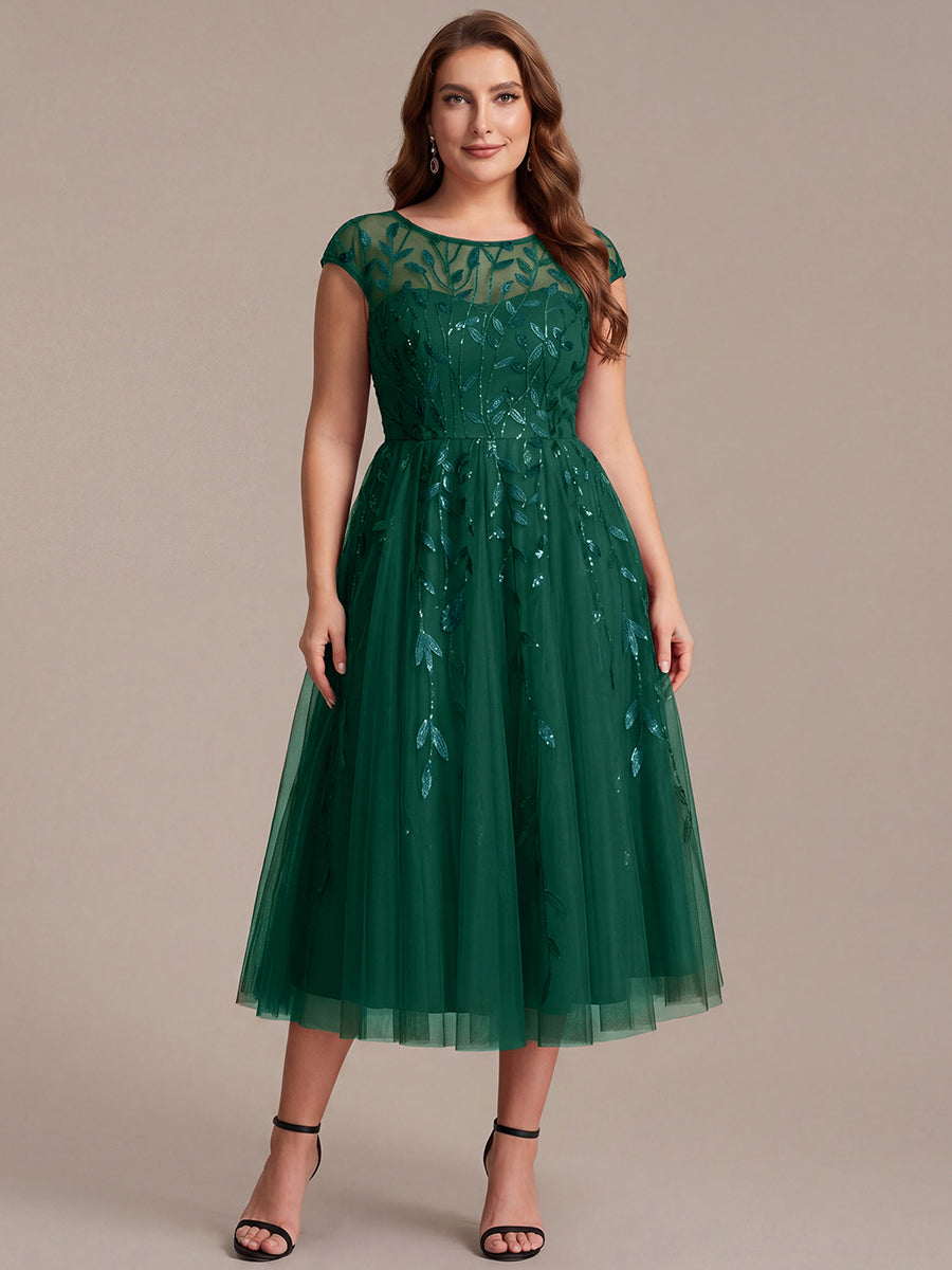 Plus Size See-through Sequin Wedding Guest Dress #color_Dark Green