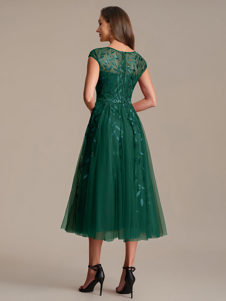 See-through Sequin Cap Sleeve Wedding Guest Dress #color_Dark Green