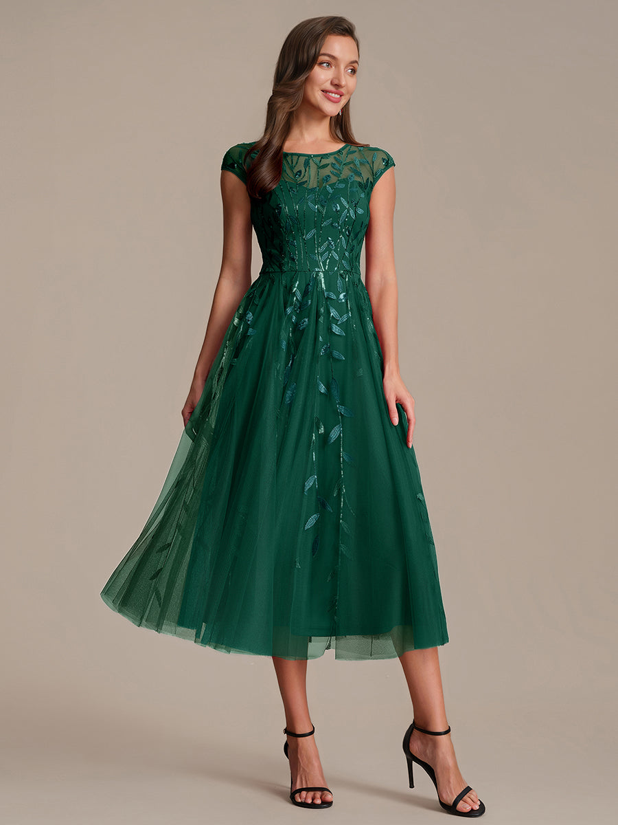 See-through Sequin Cap Sleeve Wedding Guest Dress #color_Dark Green