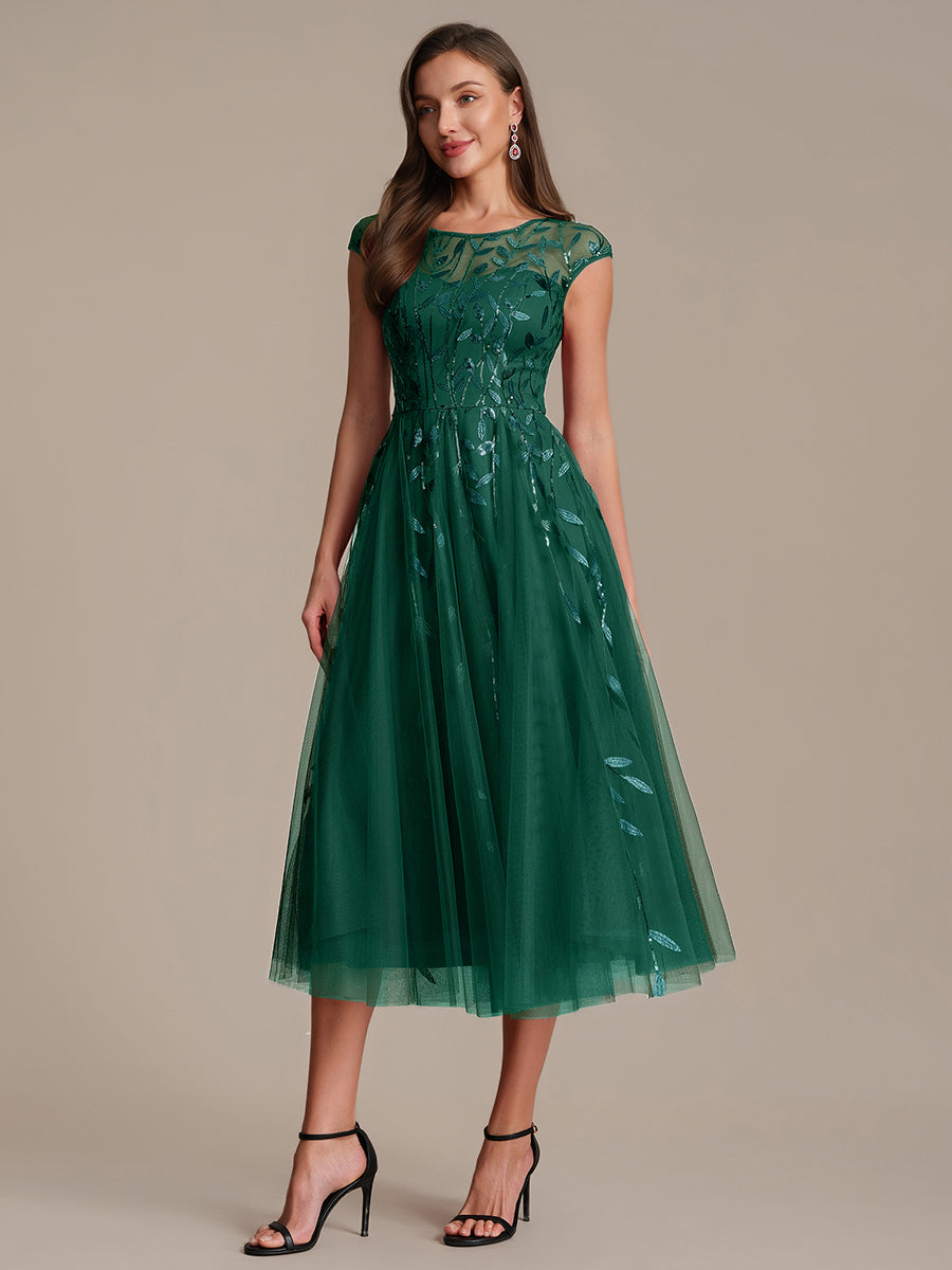 See-through Sequin Cap Sleeve Wedding Guest Dress #color_Dark Green