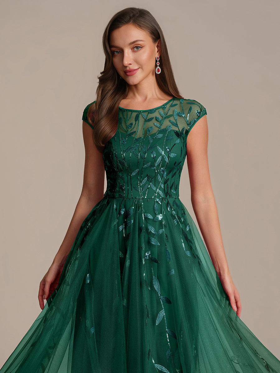 See-through Sequin Cap Sleeve Wedding Guest Dress #color_Dark Green