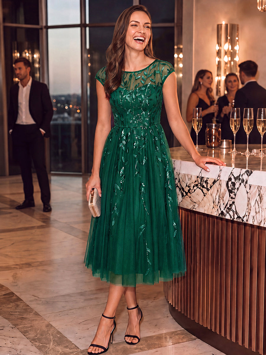 See-through Sequin Cap Sleeve Wedding Guest Dress #color_Dark Green