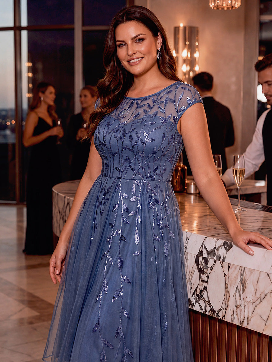 See-through Sequin Cap Sleeve Wedding Guest Dress #color_Dusty Blue
