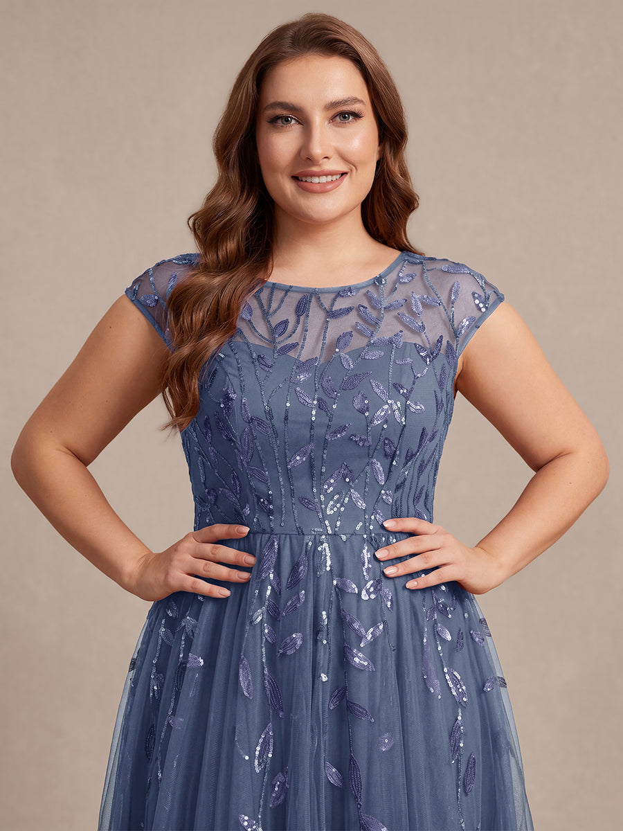 See-through Sequin Cap Sleeve Wedding Guest Dress #color_Dusty Blue