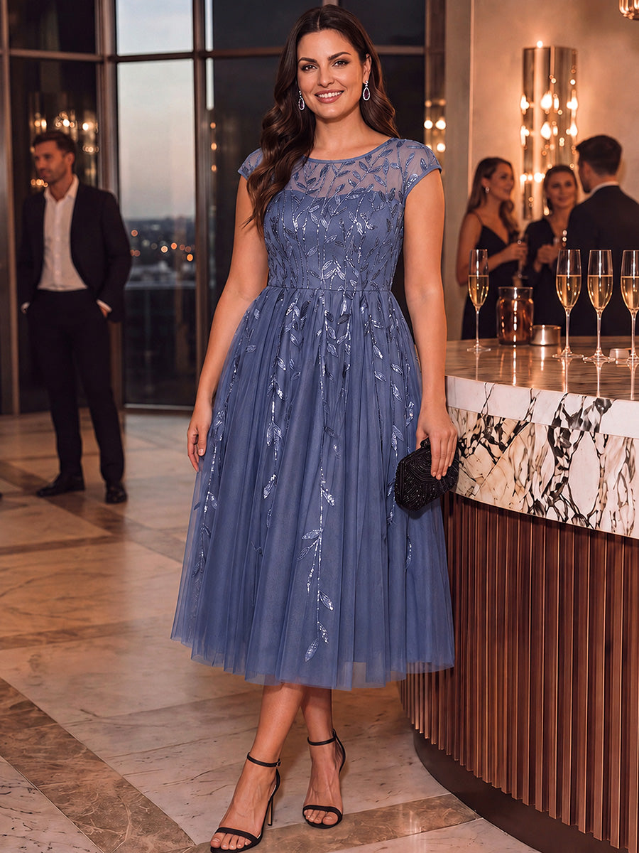 See-through Sequin Cap Sleeve Wedding Guest Dress #color_Dusty Blue