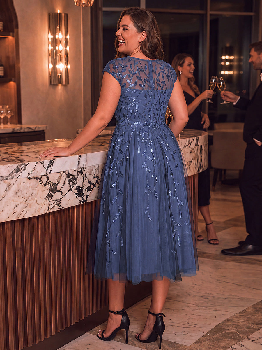 Plus Size See-through Sequin Wedding Guest Dress #color_Dusty Blue