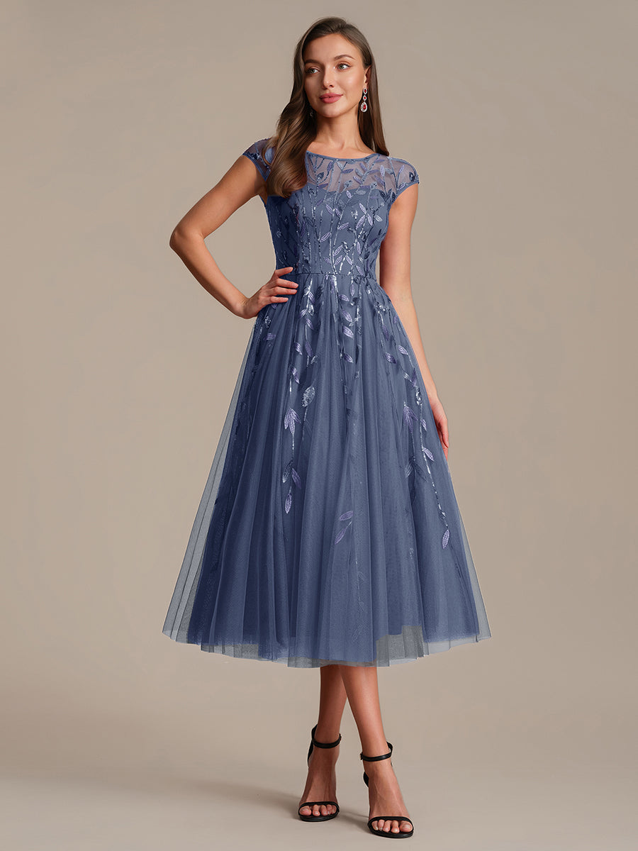 See-through Sequin Cap Sleeve Wedding Guest Dress #color_Dusty Blue