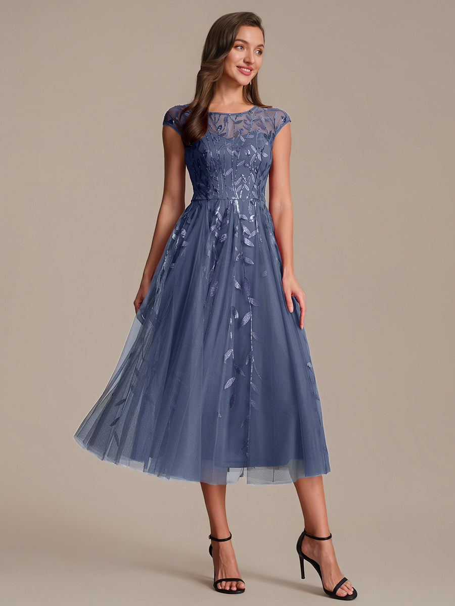 See-through Sequin Cap Sleeve Wedding Guest Dress #color_Dusty Blue
