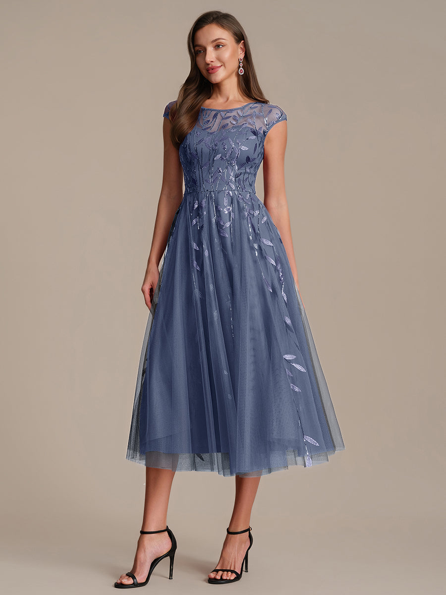 See-through Sequin Cap Sleeve Wedding Guest Dress #color_Dusty Blue
