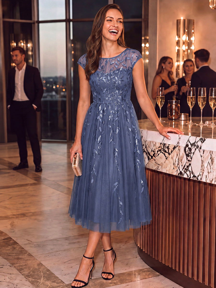 See-through Sequin Cap Sleeve Wedding Guest Dress #color_Dusty Blue