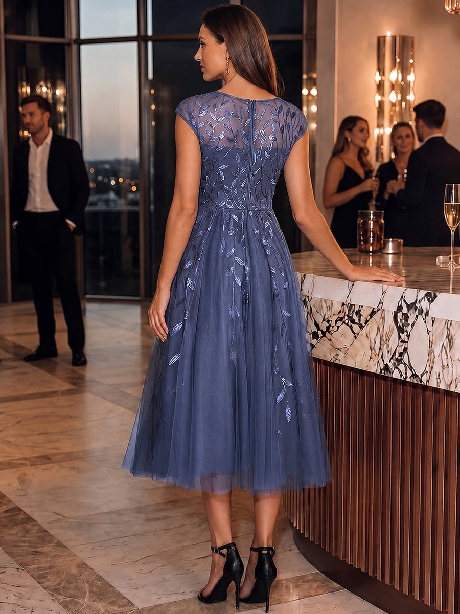 See-through Sequin Cap Sleeve Wedding Guest Dress #color_Dusty Blue