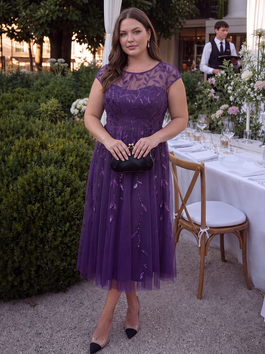 Plus Size See-through Sequin Wedding Guest Dress #color_Dark Purple