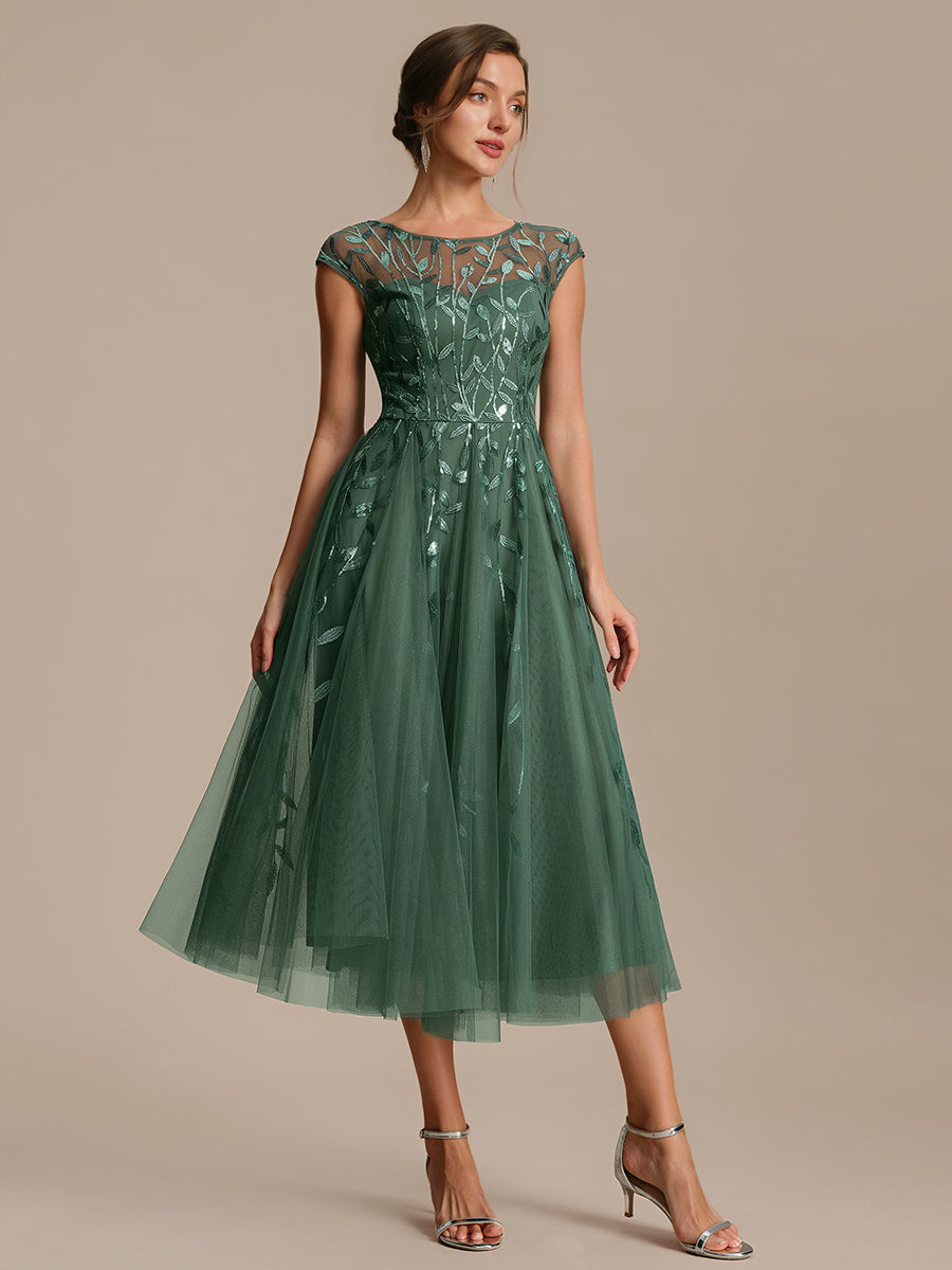 See-through Sequin Cap Sleeve Wedding Guest Dress #color_Eucalyptus