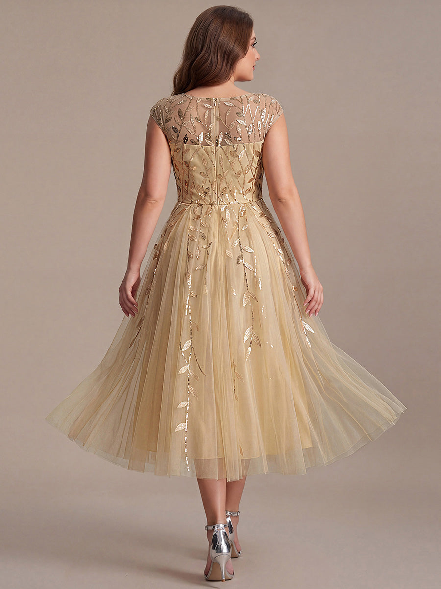 Plus Size See-through Sequin Wedding Guest Dress #color_Gold