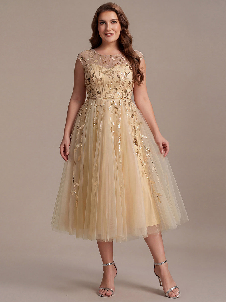 See-through Sequin Cap Sleeve Wedding Guest Dress #color_Gold