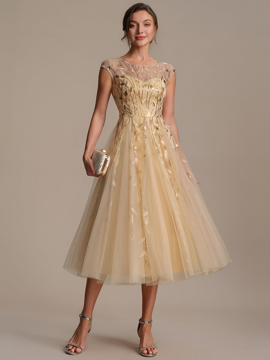 See-through Sequin Cap Sleeve Wedding Guest Dress #color_Gold