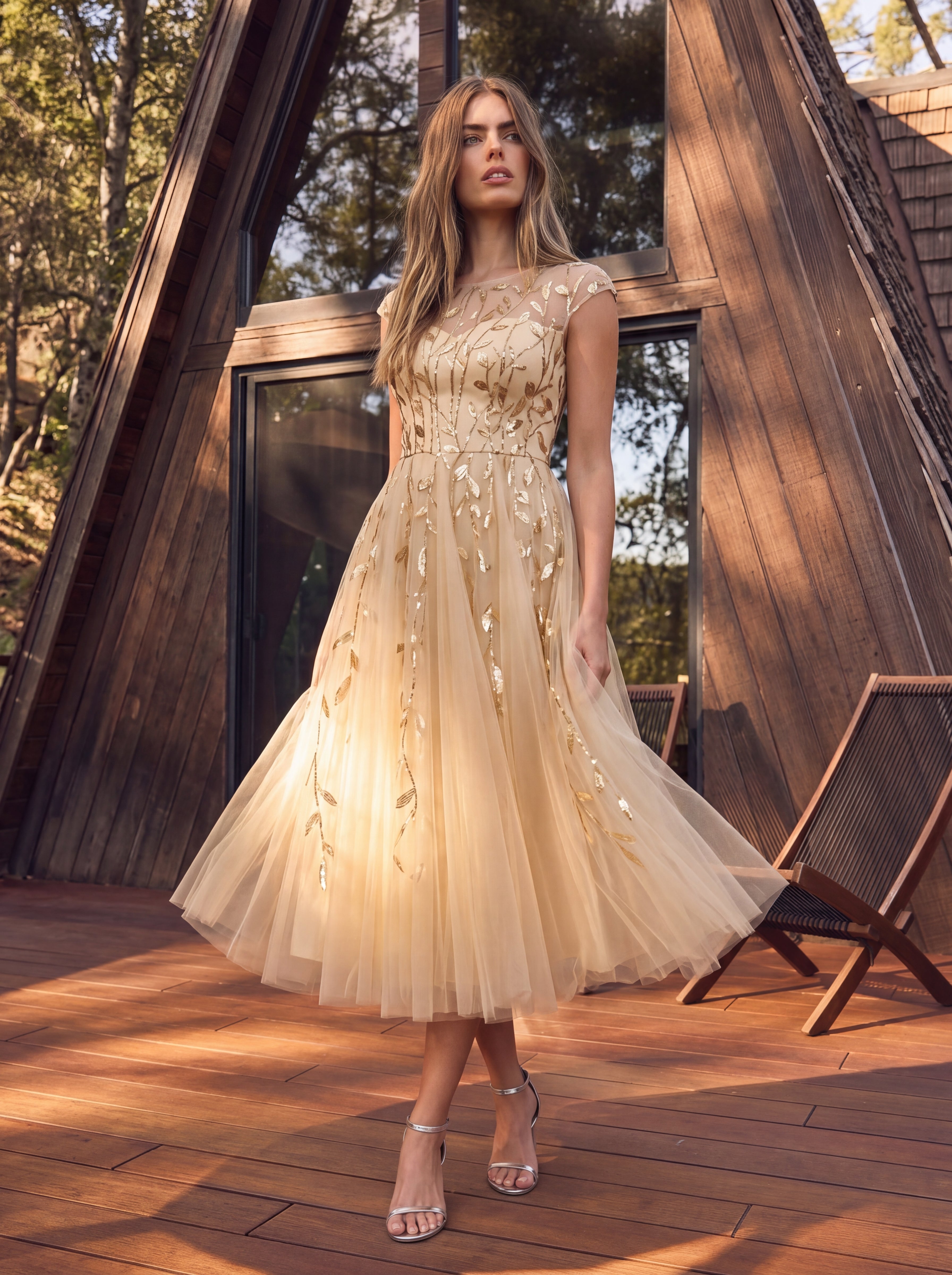 See-through Sequin Cap Sleeve Wedding Guest Dress #color_Gold