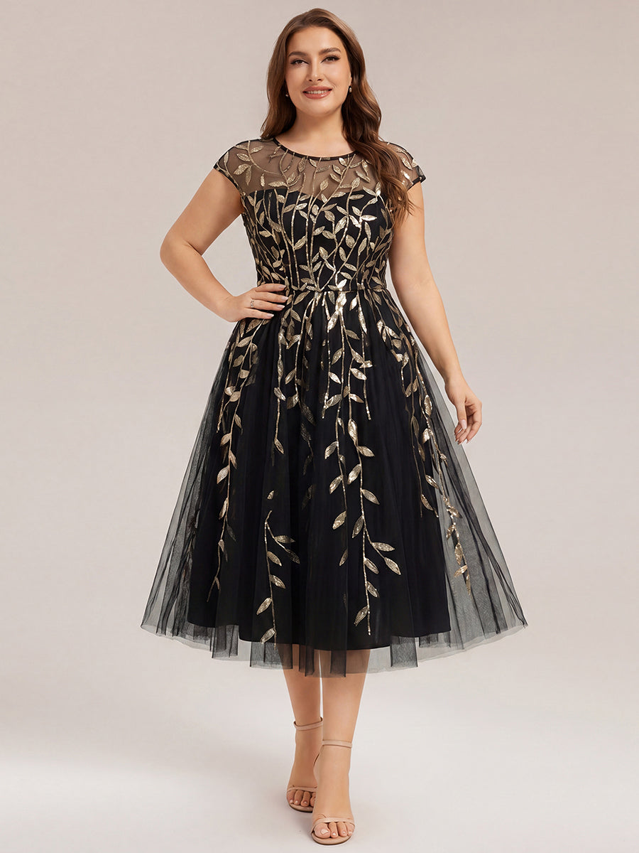 See-through Sequin Cap Sleeve Wedding Guest Dress #color_Black & Gold